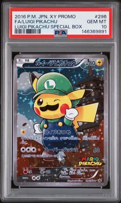 2016 POKEMON JAPANESE XY PROMO #296 FA/LUIGI PIKACHU PSA 10 - Image 1