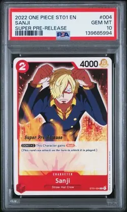 2022 ONE PIECE SUPER PRE RELEASE ST01-004 SANJI PSA 10 GEM MINT - Image 1