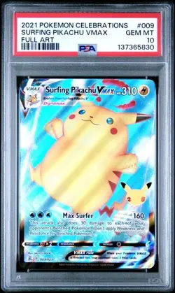 2021 POKEMON CELEBRATIONS #009 FULL ART/SURFING PIKACHU VMAX GEM MINT PSA 10 - Image 1