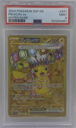 2024 POKEMON SSP EN SURGING SPARKS HYPER RARE #247 PIKACHU EX PSA 9 MINT - Image 1