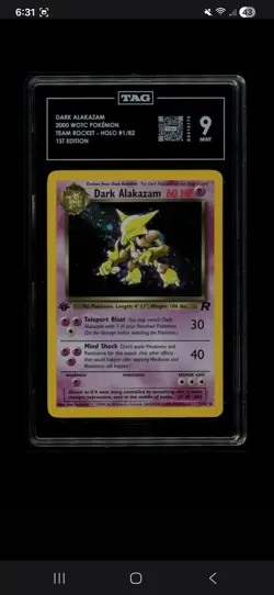 Dark Alakazam Team Rocket 1st Edition Holo Rare TAG 9 1/82 2000 Pokemon TCG Card - Image 1