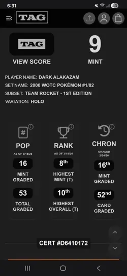 Dark Alakazam Team Rocket 1st Edition Holo Rare TAG 9 1/82 2000 Pokemon TCG Card - Image 3