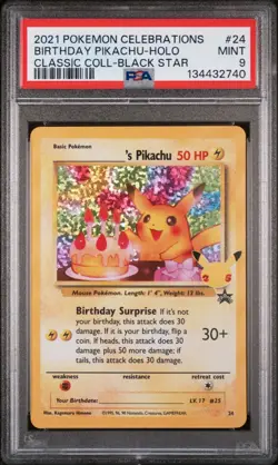 2021 Pokemon Celebrations Classic Collection 24 Birthday Pikachu Holo PSA 9 MINT - Image 1