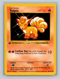 1st Edition Shadowless Vulpix 68/102 Base Set Rare Vintage Pokemon Card -MP - Image 1