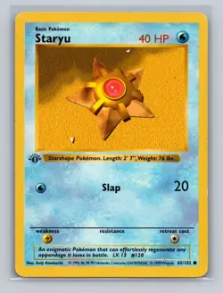 1st Edition Shadowless Staryu 65/102 Base Set Pokemon Card WOTC 1999 HP - Image 1