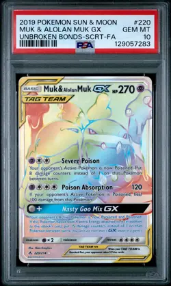 2019 POKEMON SUN & MOON UNBROKEN BONDS #220 FULL ART/MUK & ALOLAN MUK GX PSA 10 - Image 1