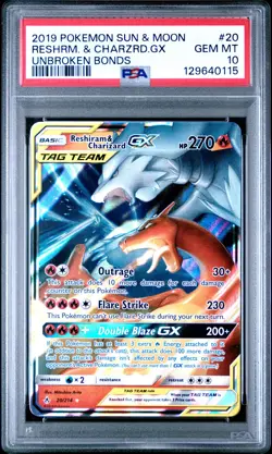 2019 POKEMON SUN & MOON UNBROKEN BONDS #20 RESHIRAM & CHARIZARD GX PSA 10 - Image 1