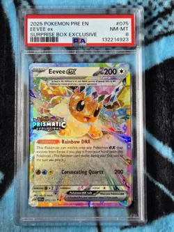 Pokemon Eevee ex Prismatic Evolutions 075/131 Surprise Box Exclusive PSA 8 Holo - Image 1