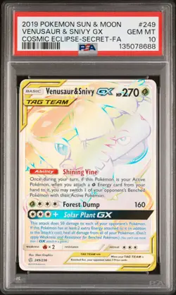2019 POKEMON SUN & MOON COSMIC ECLIPSE SECRET #249 VENUSAUR & SNIVY GX PSA 10 - Image 1