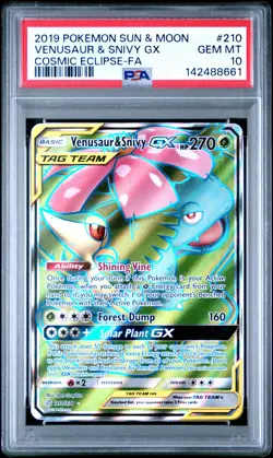 2019 POKEMON SUN & MOON COSMIC ECLIPSE #210 VENUSAUR & SNIVY GX PSA 10 - Image 1