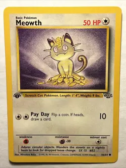 1999 Pokemon TCG Meowth - 56/64 1st Edition Jungle Set Vintage WOTC Card LP - Image 1