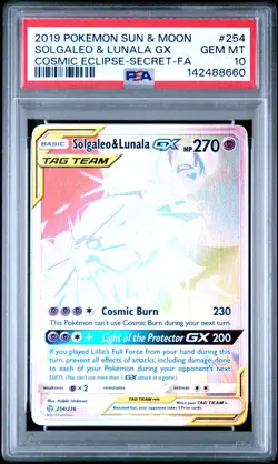 2019 POKEMON SUN & MOON COSMIC ECLIPSE SECRET #254 SOLGALEO & LUNALA GX PSA 10 - Image 1