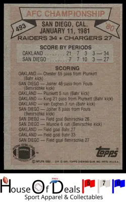 1981 Topps #493 1980 AFC Championship Football Card Raiders Chargers - Image 2