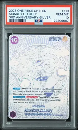 2025 ONE PIECE OP11 3RD ANNIVERSARY SILVER #119 MONKEY D. LUFFY PSA 10 - Image 1