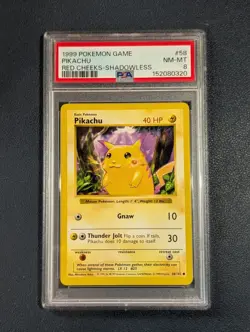 1999 Pokemon Game Pikachu Red Cheeks Shadowless #58 NM-MT PSA 8 - Image 1