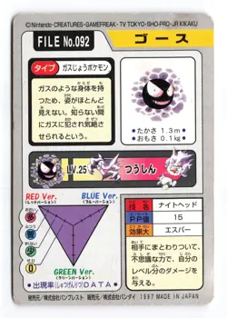 Gastly NO. 092 Bandai Carddass Series 3-4 1997 Japanese Pokemon TCG MP/HP - Image 3