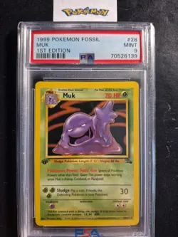 First Edition 1999 Pokemon Fossil 28/62 Muk PSA Mint 9 - Image 1