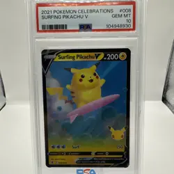 2021 Pokemon Celebrations Surfing Pikachu V HOLO RARE PSA 10 MINT #008 FULL ART - Image 1