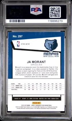 2019 Hoops Premium Stock Ja Morant PSA 10 GEM Silver Lazer Prizm ROOKIE RC #297 - Image 2