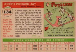 1955 Topps JOE JAY Milwaukee Braves #134 NEAR MINT Condition *SET BREAK* - Image 2