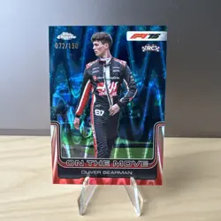 2025 Topps Chrome F1 Oliver Bearman RC On The Move Blue RayWave 028/150 #186 - Image 1