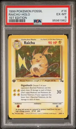 1999 POKEMON FOSSIL 1ST ED #14 RAICHU-HOLO PSA 6 - Image 1