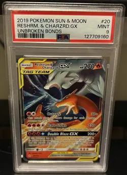 2019 Pokemon Unbroken Bonds Reshiram & Charizard Gx #20 PSA 9 - Image 1