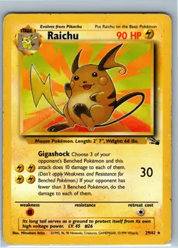 Raichu 29/62 - Fossil Rare Non-Holo 1999 Vintage WOTC Pokemon Card HP - Image 1