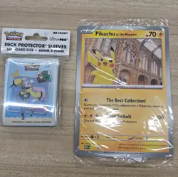Pokemon FREE Pikachu At The Museum Promo Card with Deck Proctor sleeves - Image 1