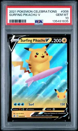 2021 POKEMON CELEBRATIONS #008 SURFING PIKACHU V PSA 10 - Image 1