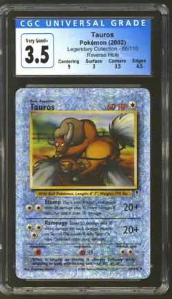 Pokemon Legendary Collection Reverse Holo Foil Tauros 65/110 CGC 3.5 - Image 1