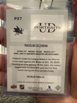 2024-25 Upper Deck Series 2 UD Portraits Speckled Macklin Celebrini Rookie #P37 - Image 2