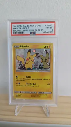 PSA 8 *Galaxy Swirl* Pokemon S&M Pikachu Holo Promo team up single pack SM162 - Image 1