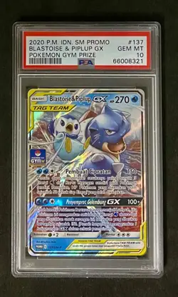 2020 Pokemon Indonesian Sun and Moon Blastoise and Piplup GX Gym Prize PSA 10 - Image 1