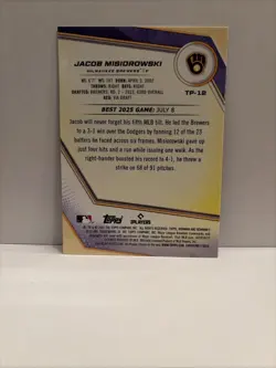 2025 Bowman's Best Purple Refractor Jacob Misiorowski /250 #TP-12 Brewers - Image 2