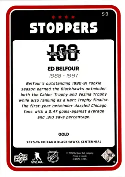Ed Belfour 2025-26 Chicago Blackhawks UD Centennial Stoppers GOLD S-3 - Image 2