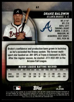 2025 Stadium Club #61 Drake Baldwin Lime Green - Image 2