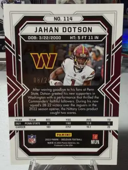 2022 Panini Obsidian #114 Jahan Dotson RC Rookie Red Flood SSP /29 - Image 2