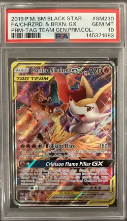 2019 Pokemon SM Black Star Tag Team #SM230 FA Charizard & Braixen GX - PSA 10 - Image 1