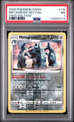 2020 POKEMON SWORD & SHIELD VIVID VOLTAGE #118 METAGROSS-REVERSE FOIL PSA 7 - Image 1