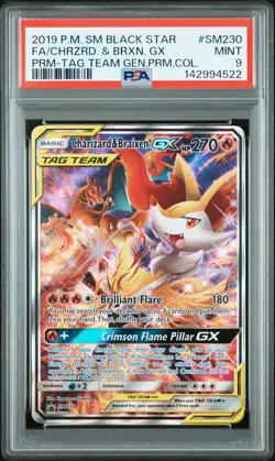 PSA 9 Charizard & Braixen GX SM230 Black Star Promo Full Art English Tag Team - Image 1