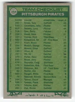 Pittsburgh Pirates / Chuck Tanner 1977 Topps #354 Team Card Ex-Mt - Image 2