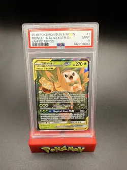 PSA 9 MINT Rowlet & Alolan Exeggutor GX 1 Unified Minds Pokemon Card - Image 1