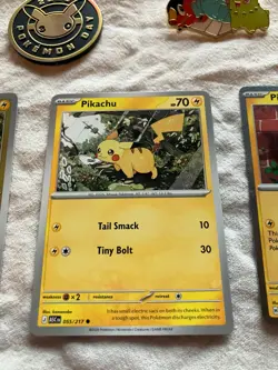 Pokemon Pikachu Cosmos Holo Pokemon Day 51/152 + Coin, pin 2 more Pikachu cards - Image 3