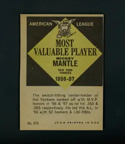 Mickey Mantle 1961 Topps AL MVP '56-'57 (HOF) NY Yankees #475 NM-MT OC - Image 2