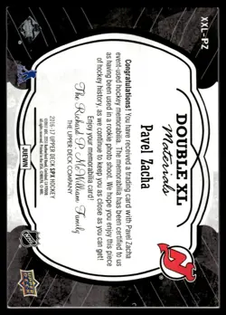 2016-17 SPx Dual XL Materials Pavel Zacha /15 New Jersey Devils #XXL-PZ - Image 2