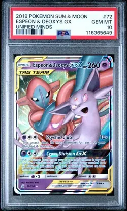 PSA 10 ESPEON & DEOXYS GX 72 UNIFIED MINDS SUN & MOON TAG TEAM GX POKEMON - Image 1
