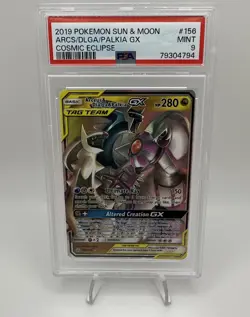 2019 POKEMON SUN & MOON COSMIC ECLIPSE #156 ARCEUS & DIALGA & PALKIA GX PSA 9 - Image 1