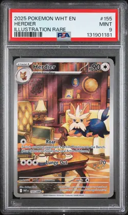 2025 POKEMON WHT EN-WHITE FLARE ILLUSTRATION RARE #155 HERDIER PSA 9 - Image 1