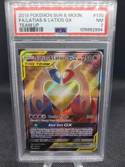 2019 POKEMON SUN & MOON TEAM UP #170 FULL ART/LATIAS & LATIOS GX PSA 7 - Image 1